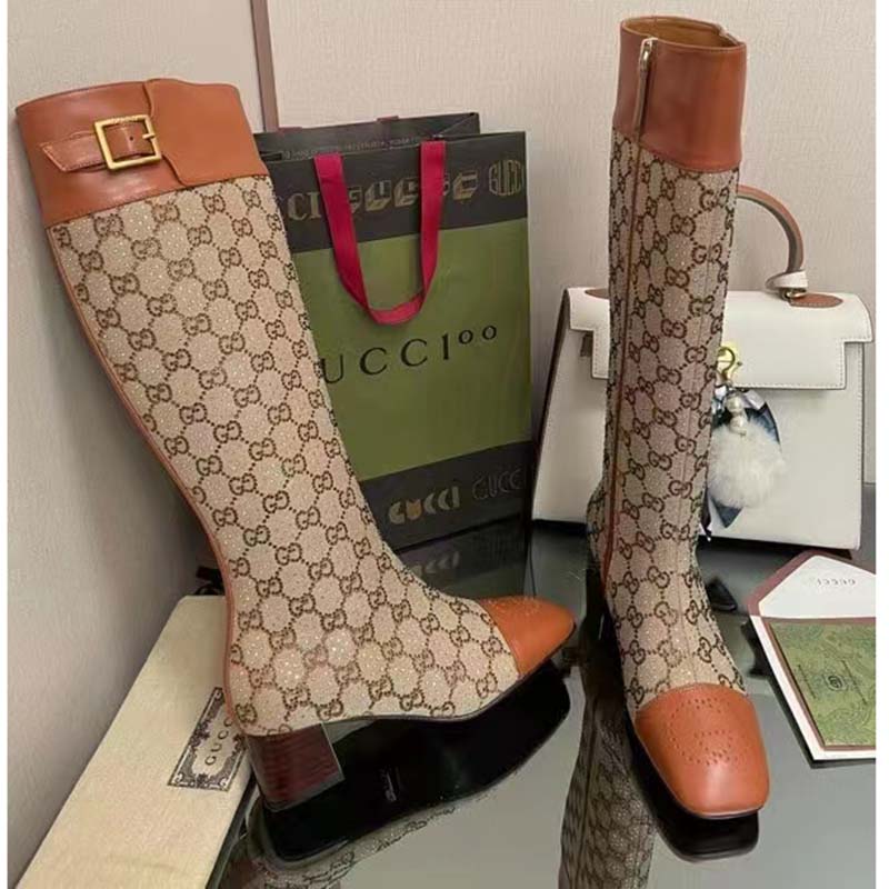 Gucci Blondie Women’s Boot Crystals Beige Ebony GG Canvas Low 5 Cm Heel