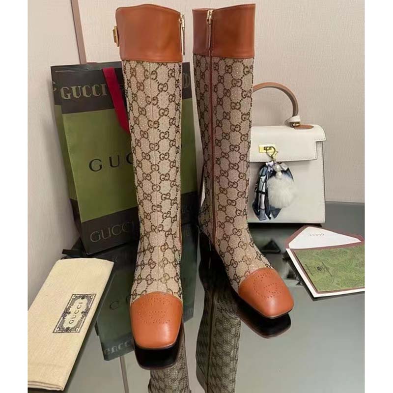 Gucci Blondie Women’s Boot Crystals Beige Ebony GG Canvas Low 5 Cm Heel