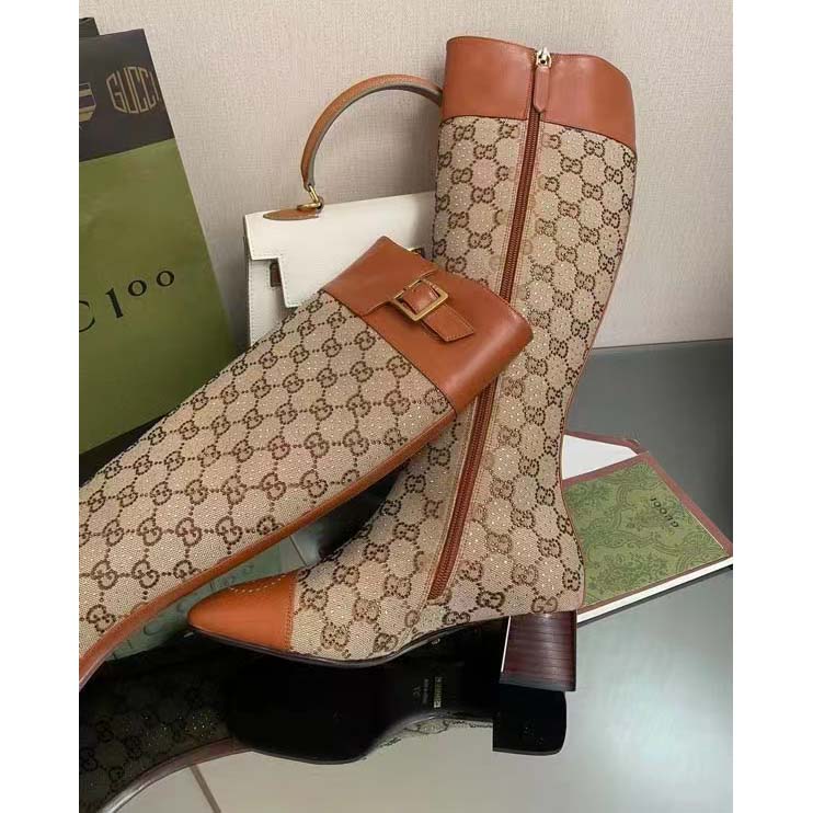 Gucci Blondie Women’s Boot Crystals Beige Ebony GG Canvas Low 5 Cm Heel