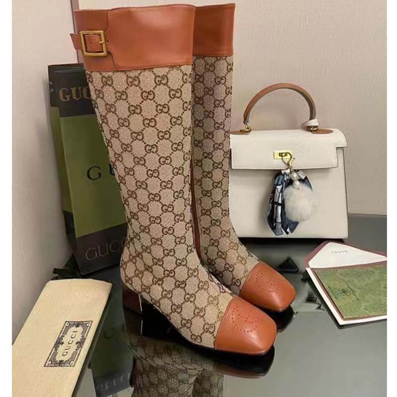 Gucci Blondie Women’s Boot Crystals Beige Ebony GG Canvas Low 5 Cm Heel