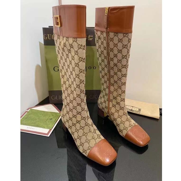 Gucci Blondie Women’s GG Knee-High Boot Beige Ebony Canvas Cuir Leather Low 5 Cm Heel