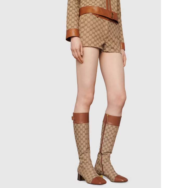 Gucci Blondie Women’s GG Knee-High Boot Beige Ebony Canvas Cuir Leather Low 5 Cm Heel