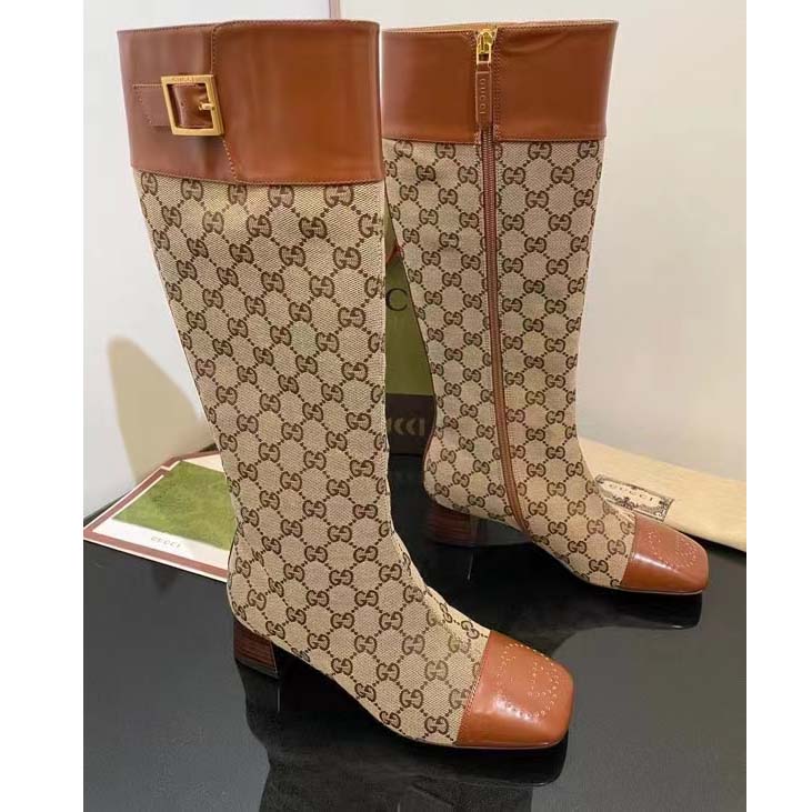 Gucci Blondie Women’s GG Knee-High Boot Beige Ebony Canvas Cuir Leather Low 5 Cm Heel