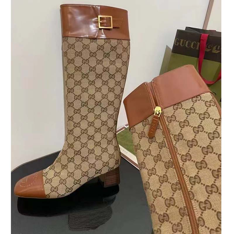 Gucci Blondie Women’s GG Knee-High Boot Beige Ebony Canvas Cuir Leather Low 5 Cm Heel
