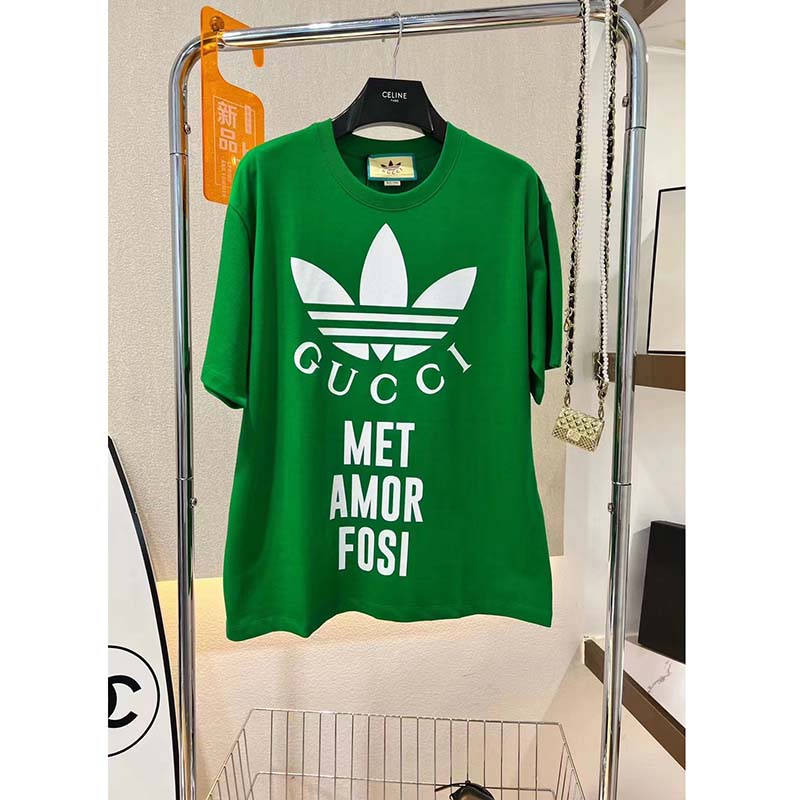 Gucci GG Men Adidas x Gucci Cotton Jersey T-Shirt Green Jersey Crewneck Oversize Fit
