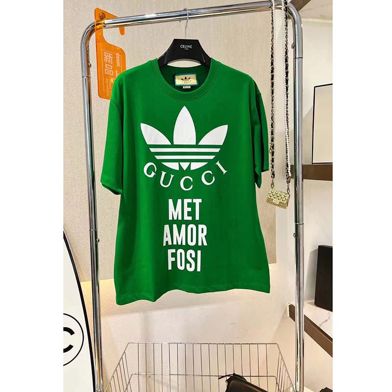 Gucci GG Men Adidas x Gucci Cotton Jersey T-Shirt Green Jersey Crewneck Oversize Fit
