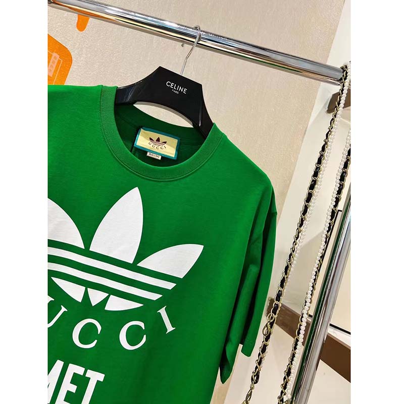 Gucci GG Men Adidas x Gucci Cotton Jersey T-Shirt Green Jersey Crewneck Oversize Fit