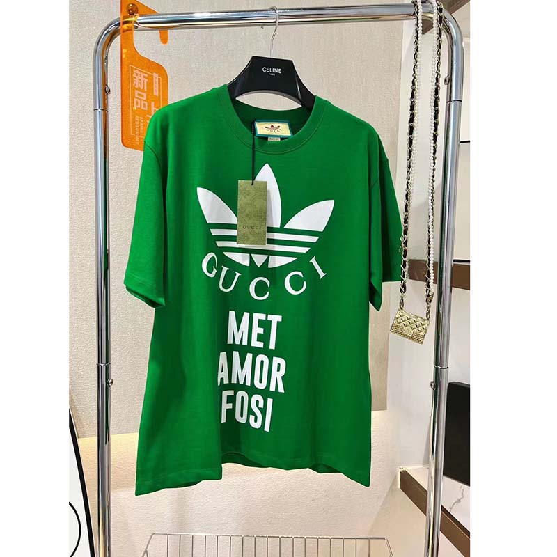 Gucci GG Men Adidas x Gucci Cotton Jersey T-Shirt Green Jersey Crewneck Oversize Fit