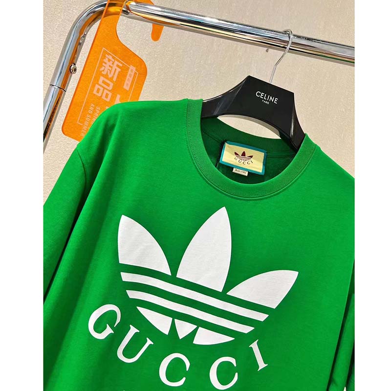 Gucci GG Men Adidas x Gucci Cotton Jersey T-Shirt Green Jersey Crewneck Oversize Fit