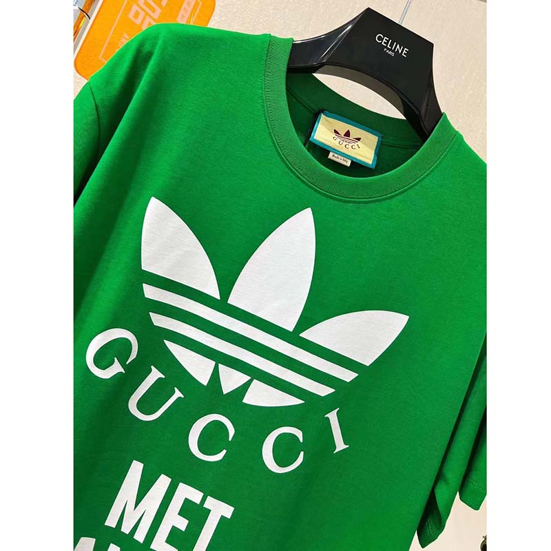 Gucci GG Men Adidas x Gucci Cotton Jersey T-Shirt Green Jersey Crewneck Oversize Fit