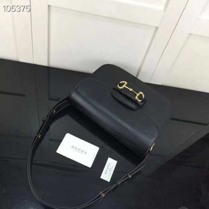 Gucci GG Women Horsebit 1955 Shoulder Bag Black Textured Leather