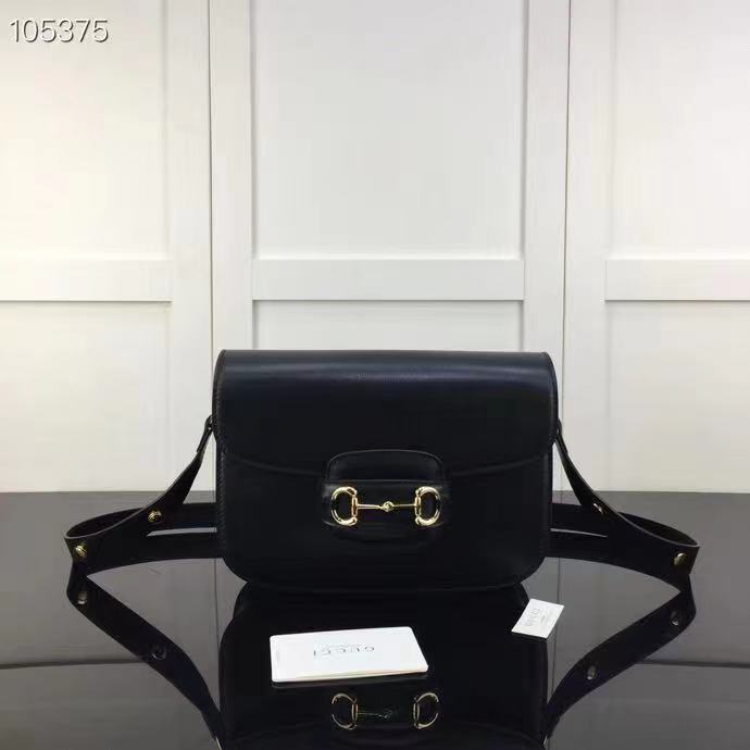 Gucci GG Women Horsebit 1955 Shoulder Bag Black Textured Leather