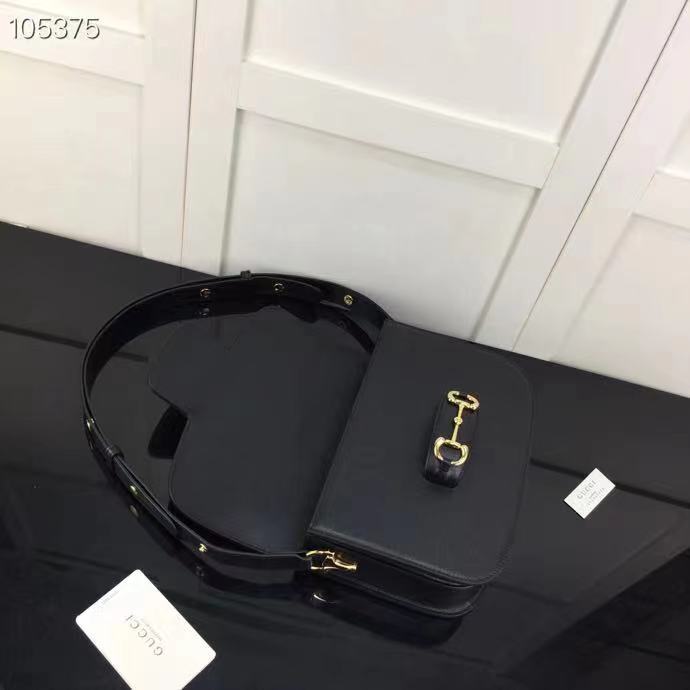 Gucci GG Women Horsebit 1955 Shoulder Bag Black Textured Leather