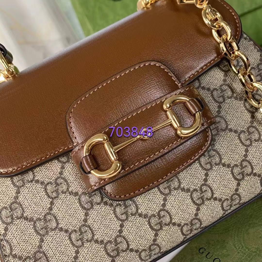 Gucci GG Women Horsebit 1955 Top Handle Bag Light Brown Gold Toned Hardware
