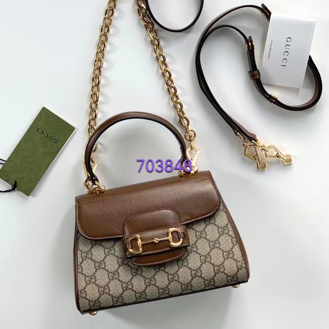 Gucci GG Women Horsebit 1955 Top Handle Bag Light Brown Gold Toned Hardware