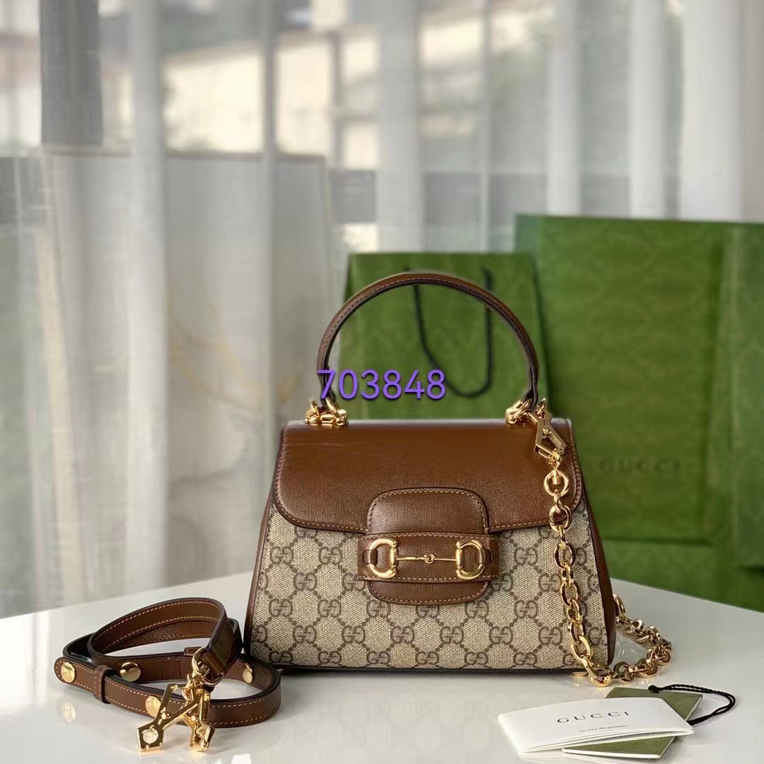 Gucci GG Women Horsebit 1955 Top Handle Bag Light Brown Gold Toned Hardware