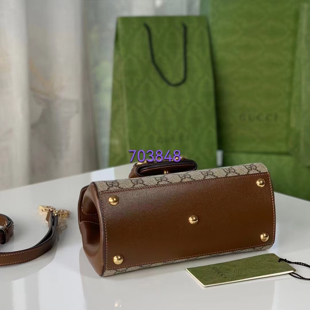 Gucci GG Women Horsebit 1955 Top Handle Bag Light Brown Gold Toned Hardware