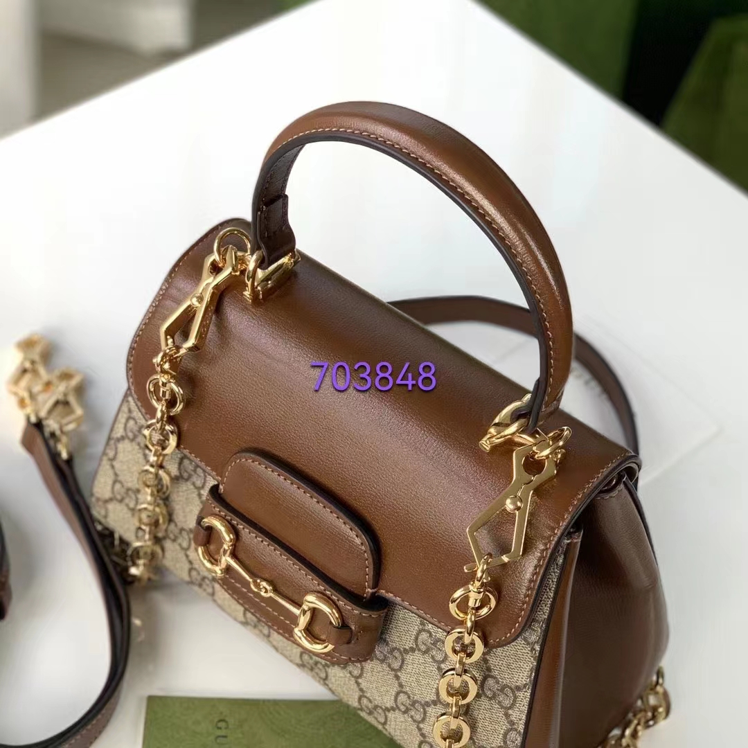 Gucci GG Women Horsebit 1955 Top Handle Bag Light Brown Gold Toned Hardware
