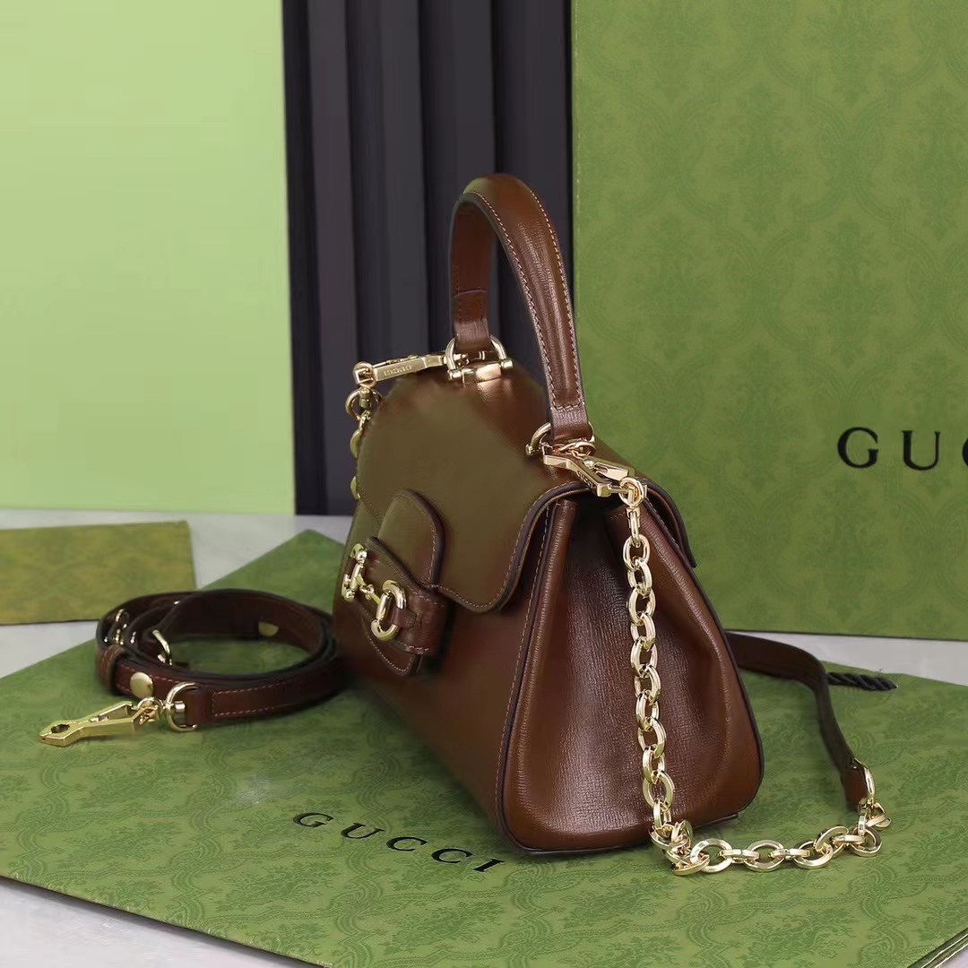 Gucci GG Women Horsebit 1955 Top Handle Bag Light Brown Leather Mini Size