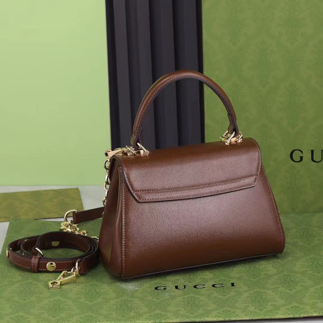 Gucci GG Women Horsebit 1955 Top Handle Bag Light Brown Leather Mini Size
