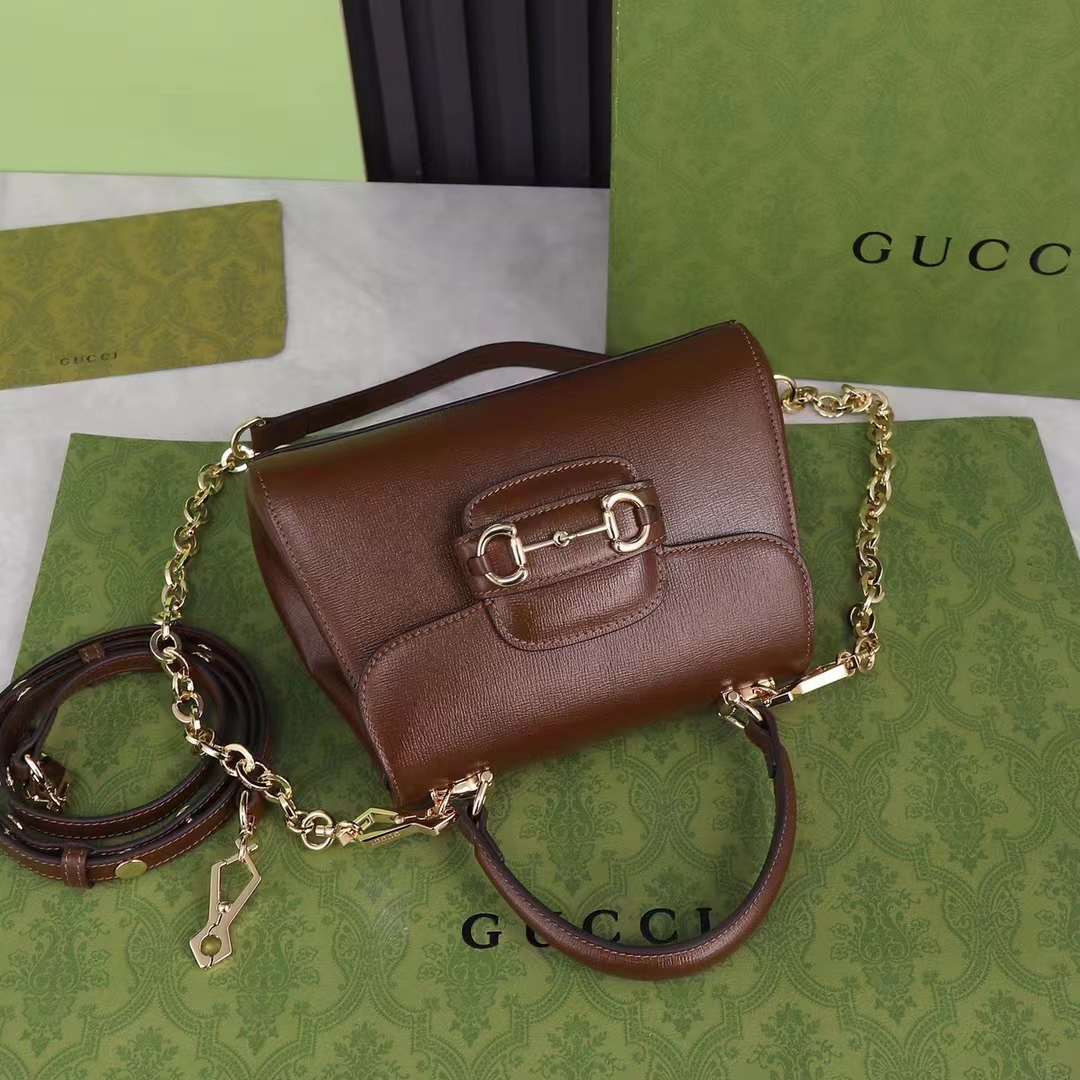 Gucci GG Women Horsebit 1955 Top Handle Bag Light Brown Leather Mini Size