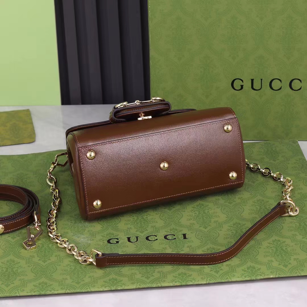 Gucci GG Women Horsebit 1955 Top Handle Bag Light Brown Leather Mini Size