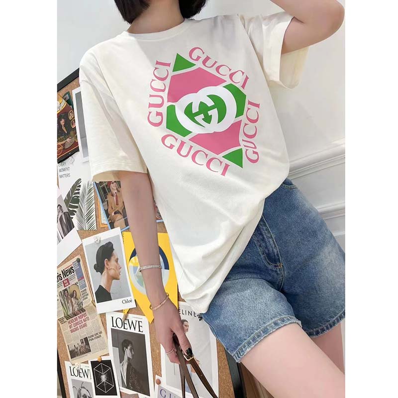 Gucci GG Women Vintage Logo Print T-Shirt Off White Cotton Jersey Crewneck Short Sleeves