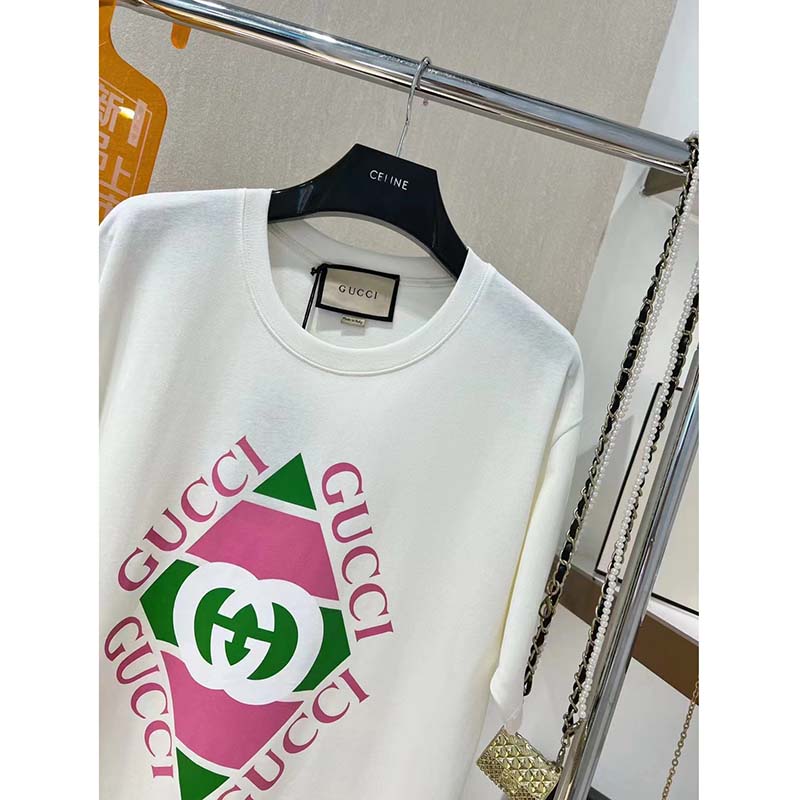 Gucci GG Men Vintage Logo Print T-Shirt Off White Cotton Jersey Crewneck Short Sleeves