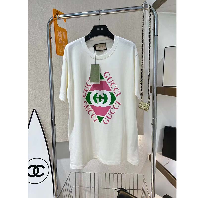 Gucci GG Men Vintage Logo Print T-Shirt Off White Cotton Jersey Crewneck Short Sleeves
