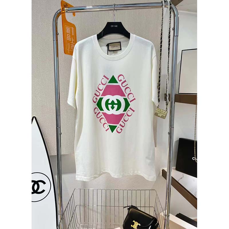 Gucci GG Men Vintage Logo Print T-Shirt Off White Cotton Jersey Crewneck Short Sleeves