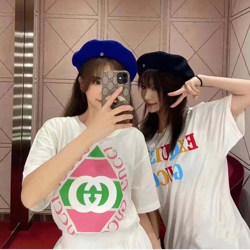Gucci GG Women Vintage Logo Print T-Shirt Off White Cotton Jersey Crewneck Short Sleeves