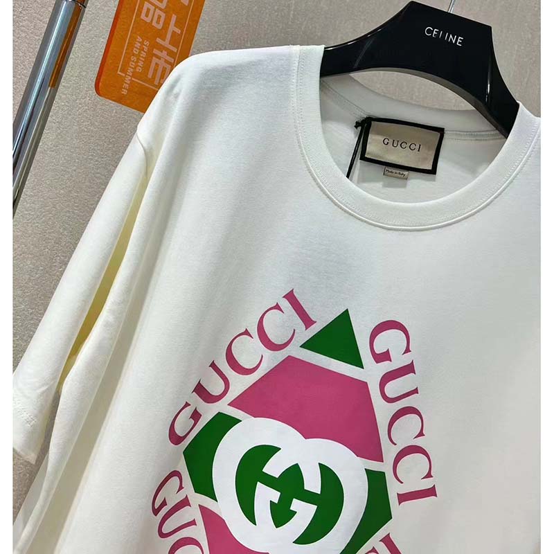 Gucci GG Men Vintage Logo Print T-Shirt Off White Cotton Jersey Crewneck Short Sleeves