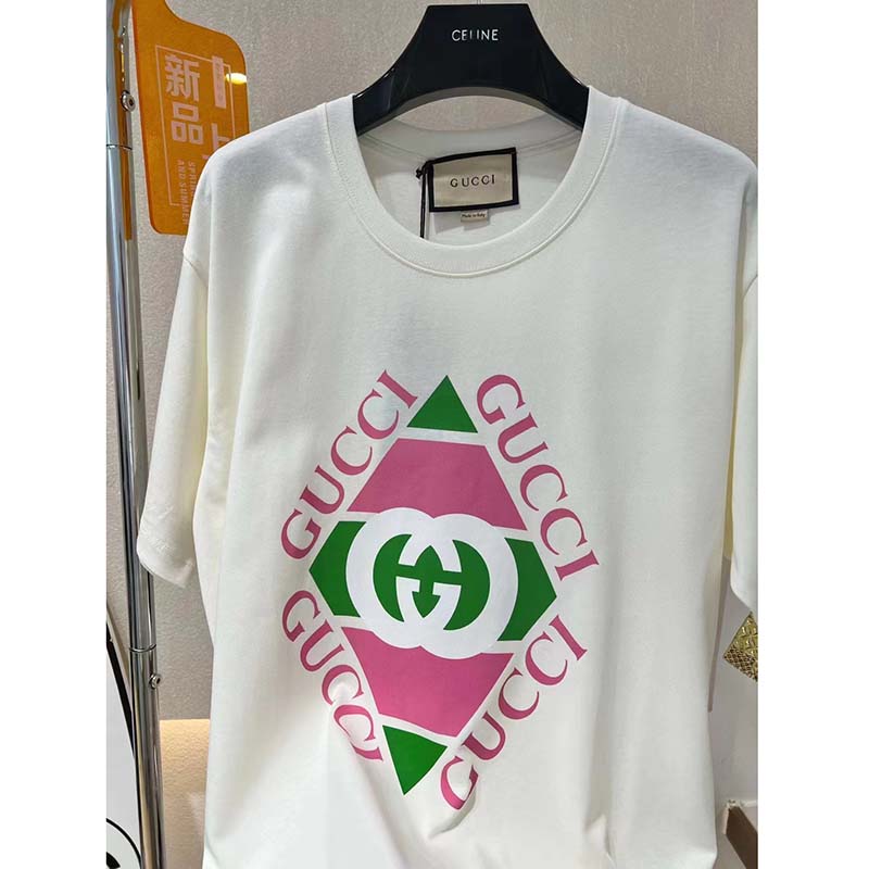Gucci GG Men Vintage Logo Print T-Shirt Off White Cotton Jersey Crewneck Short Sleeves