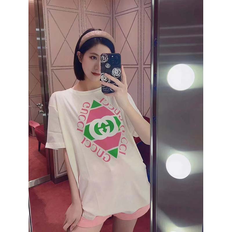Gucci GG Women Vintage Logo Print T-Shirt Off White Cotton Jersey Crewneck Short Sleeves