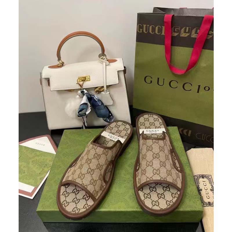 Gucci Unisex GG Supreme Slide Sandal Beige Ebony Canvas Rubber Flat 1 Cm Heel