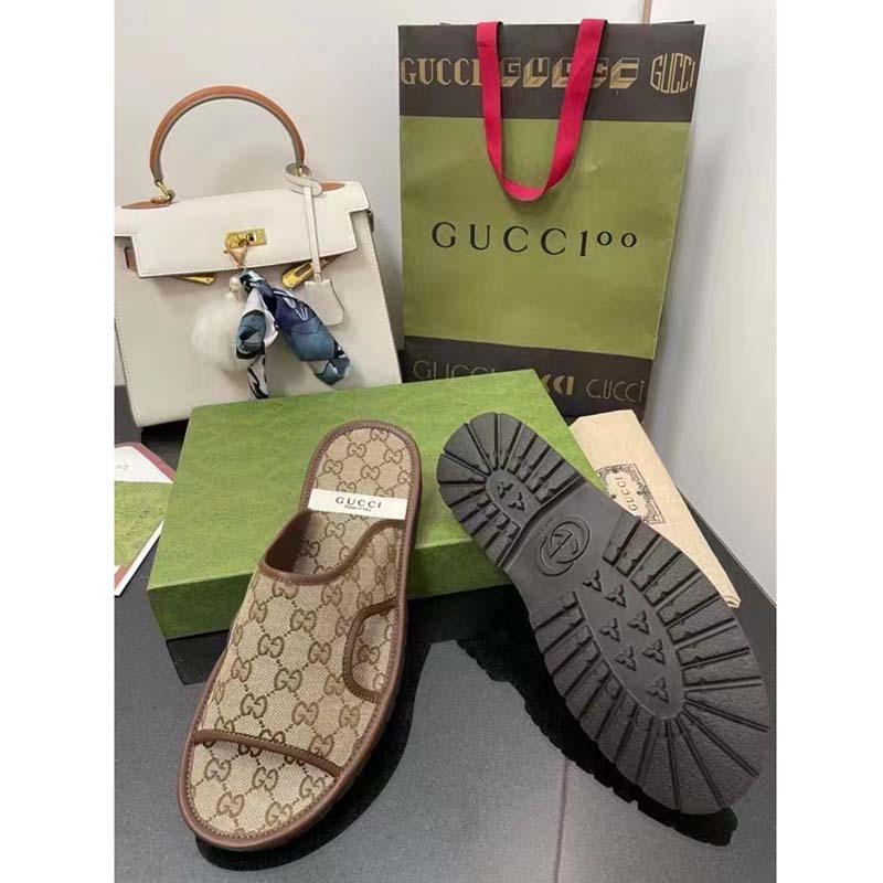 Gucci Unisex GG Supreme Slide Sandal Beige Ebony Canvas Rubber Flat 1 Cm Heel