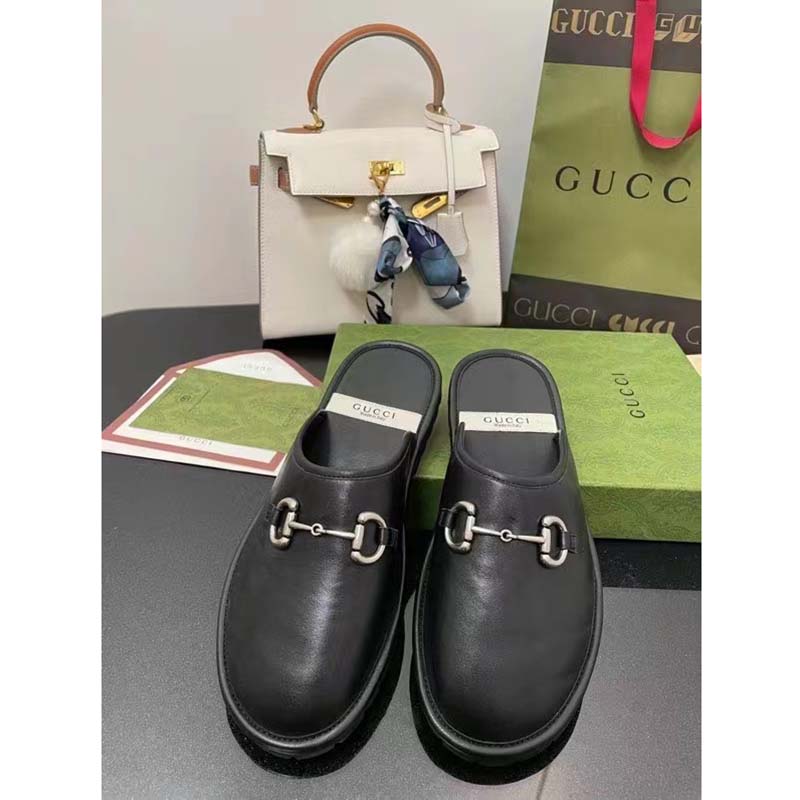 Gucci Unisex Horsebit Slip-On Sandal Black Leather Rubber Sole Flat