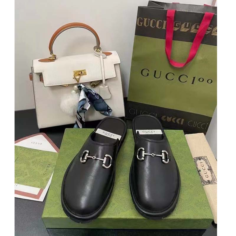 Gucci Unisex Horsebit Slip-On Sandal Black Leather Rubber Sole Flat