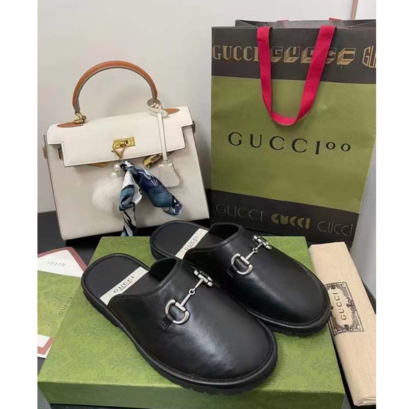 Gucci Unisex Horsebit Slip-On Sandal Black Leather Rubber Sole Flat