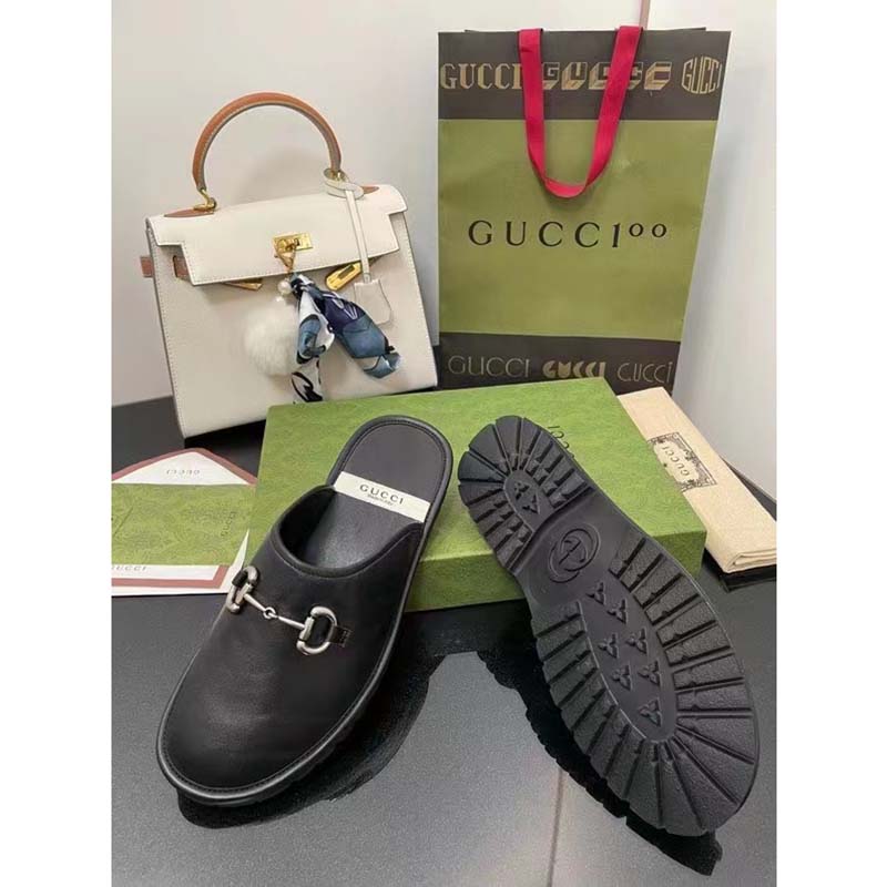 Gucci Unisex Horsebit Slip-On Sandal Black Leather Rubber Sole Flat