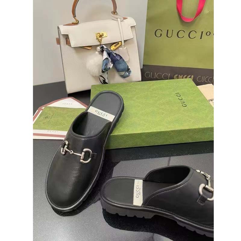 Gucci Unisex Horsebit Slip-On Sandal Black Leather Rubber Sole Flat