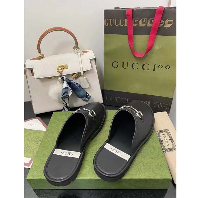 Gucci Unisex Horsebit Slip-On Sandal Black Leather Rubber Sole Flat