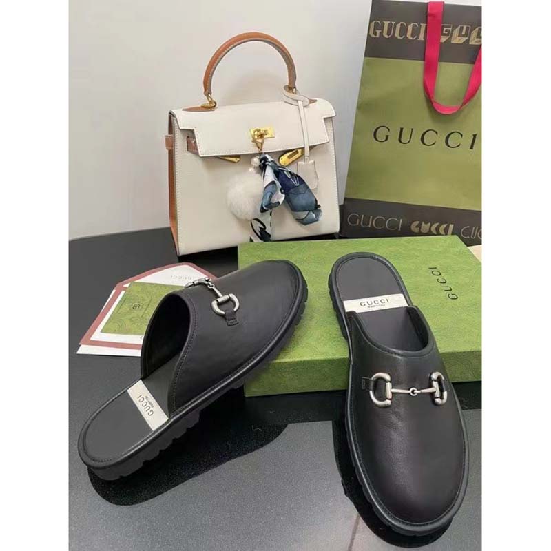 Gucci Unisex Horsebit Slip-On Sandal Black Leather Rubber Sole Flat