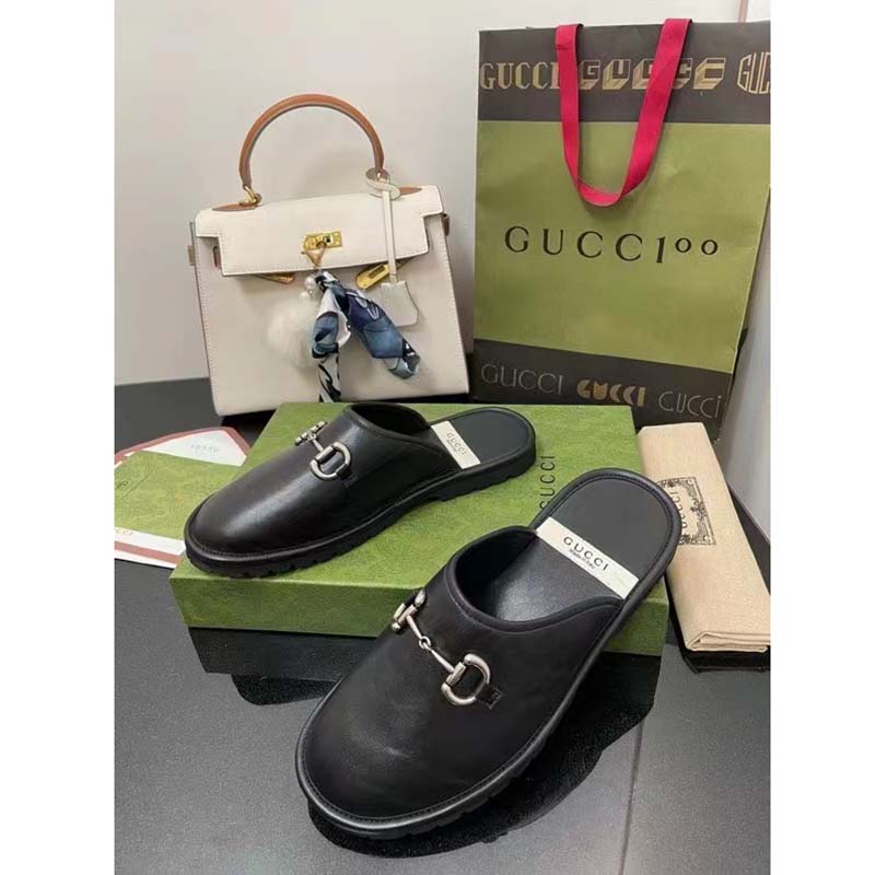 Gucci Unisex Horsebit Slip-On Sandal Black Leather Rubber Sole Flat
