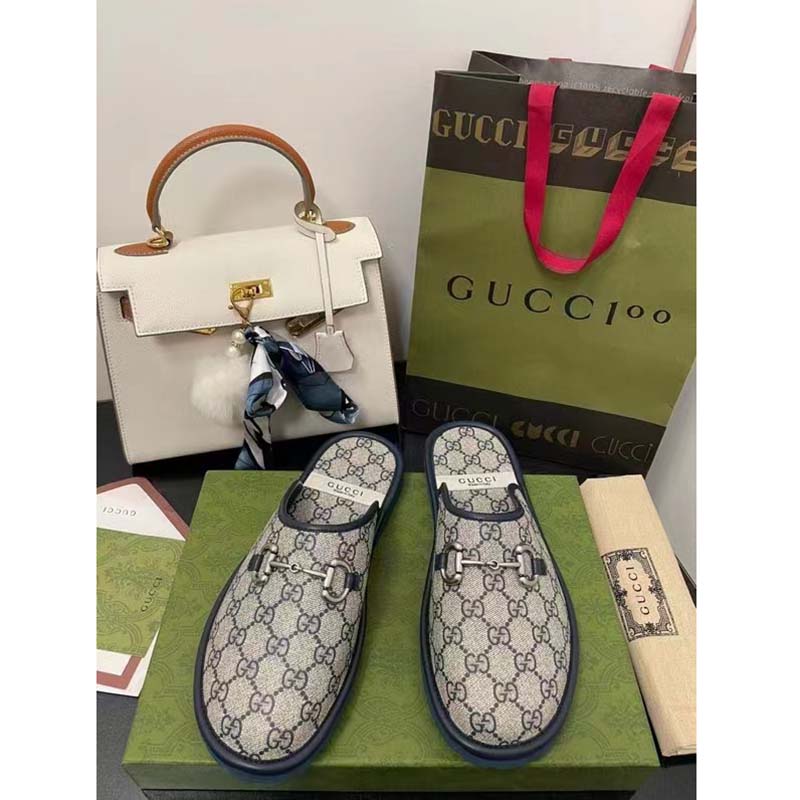 Gucci Unisex Slipper Blue Beige GG Supreme Canvas Rubber Sole Low 1 Cm Heel