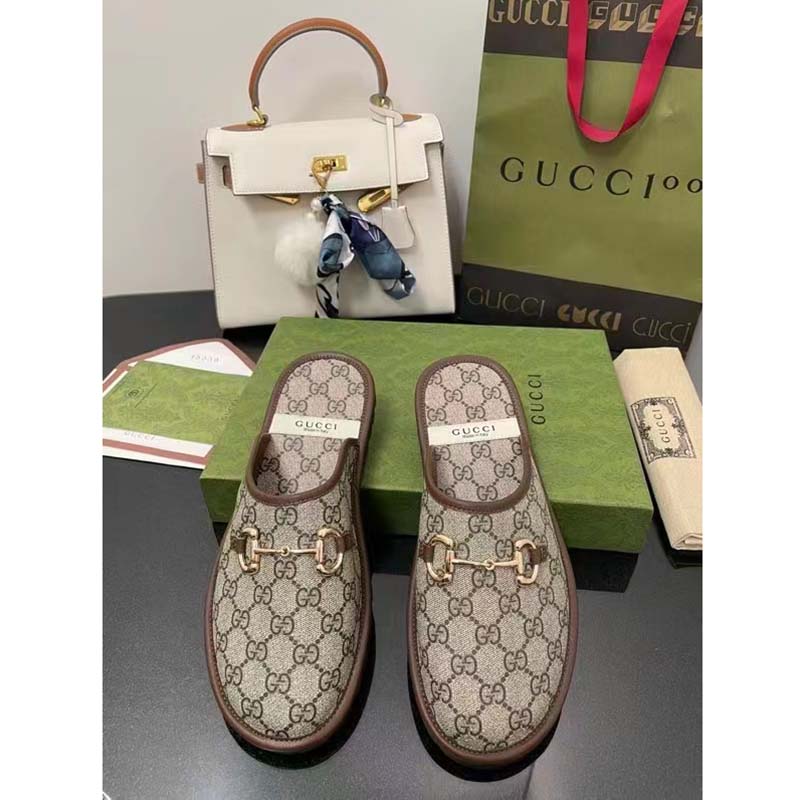 Gucci Unisex Slipper Horsebit GG Supreme Canvas Rubber Sole Flat 1 Cm Heel