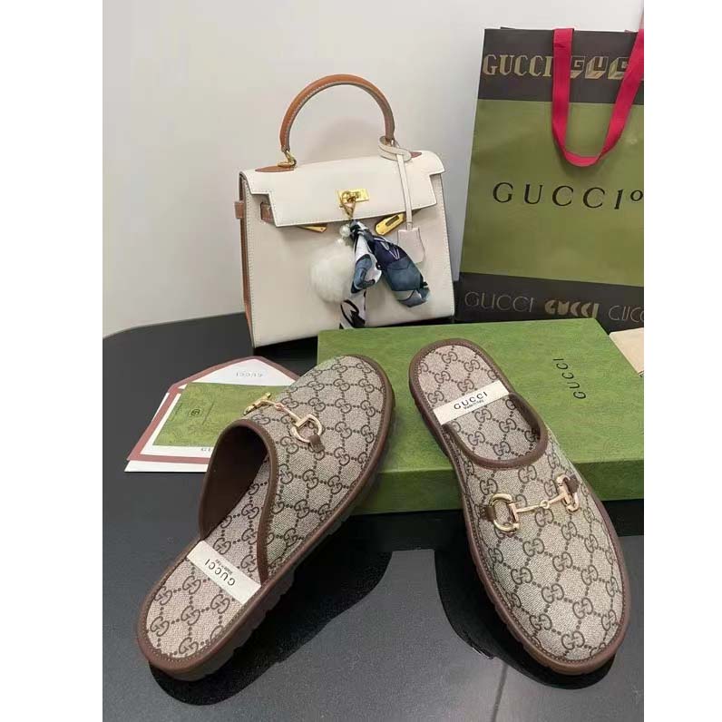 Gucci Unisex Slipper Horsebit GG Supreme Canvas Rubber Sole Flat 1 Cm Heel