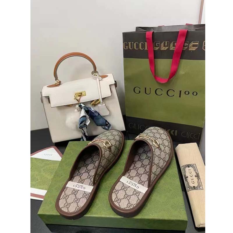 Gucci Unisex Slipper Horsebit GG Supreme Canvas Rubber Sole Flat 1 Cm Heel