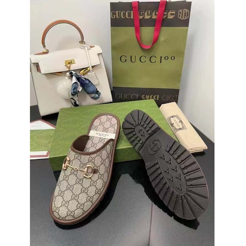 Gucci Unisex Slipper Horsebit GG Supreme Canvas Rubber Sole Flat 1 Cm Heel