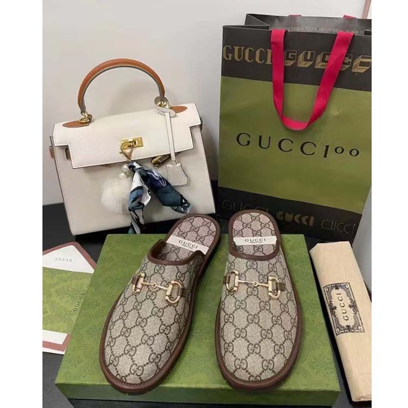 Gucci Unisex Slipper Horsebit GG Supreme Canvas Rubber Sole Flat 1 Cm Heel